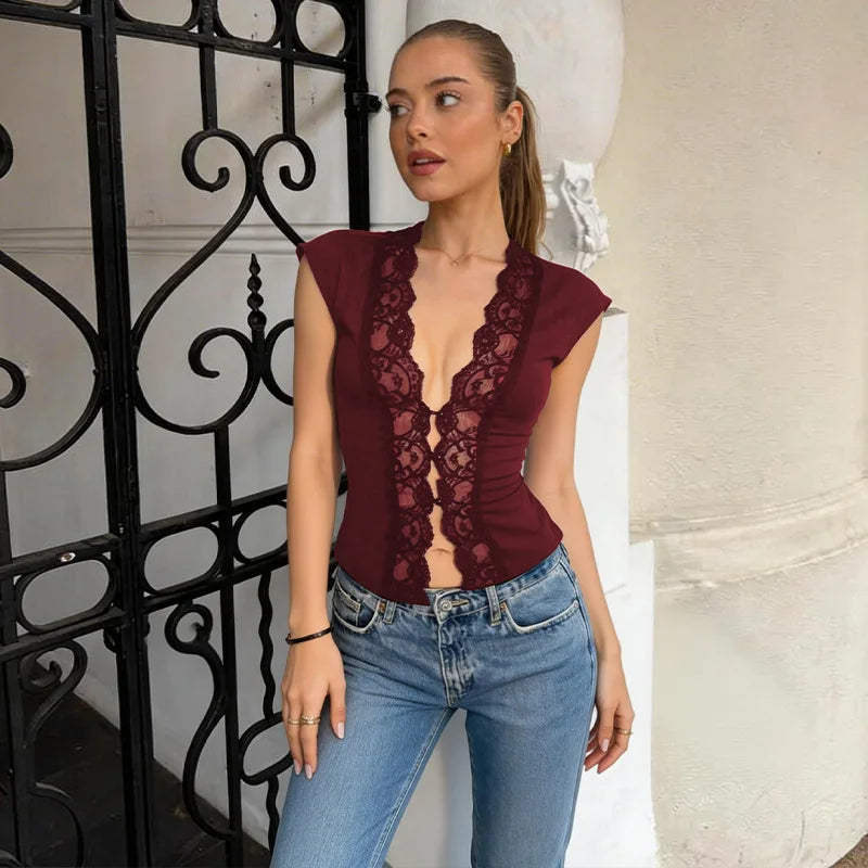 Flirty Lace Sheer V Neck Sleeveless Crop Top With Button Front Slim Fit
