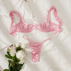 Pink Satin Lace Floral Lingerie Set