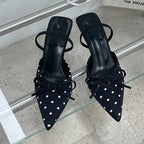Satin Butterfly Polka Dot Pointed Toe Mules For Women Low Heel Pumps