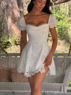Lace Hollow Mini White Women's Bubble Sleeve Square Neck A-line Pleated Dress