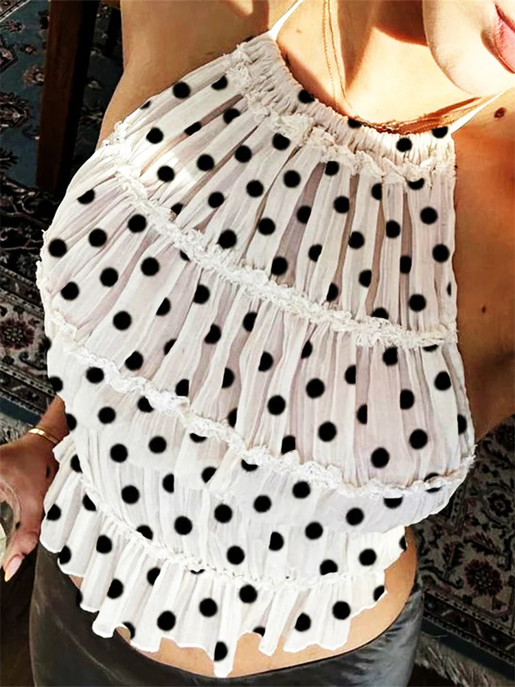Dot Print Halter Tops With Ruffled Trim Backless Sleeveless Slim Fit