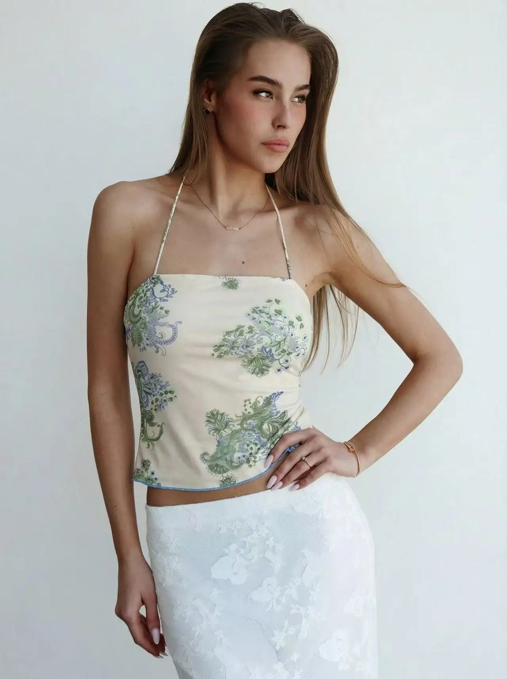 Cozy Knit Crop Top With Allover Print And Backless Tie Accent