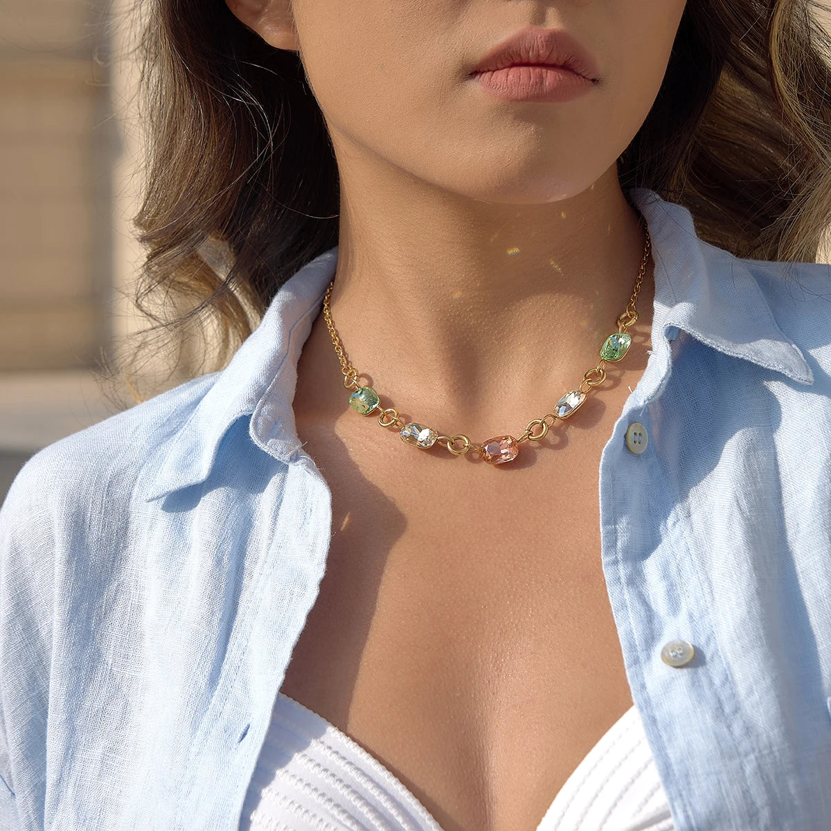 Sunlit Geometric Rhinestone Chain Necklace For Women With Delicate Sparkle And Gleaming Charm