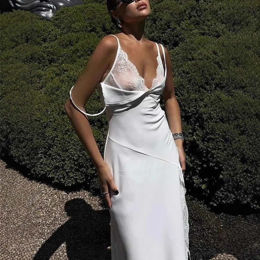 Lace Trim Maxi Dress With Spaghetti Straps And Slit