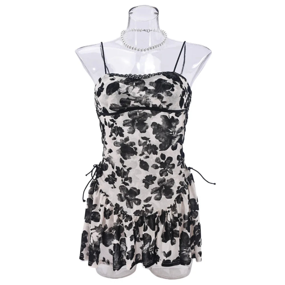 Floral Print Strapless Mini Dress With Ruffles Sleeveless Above Knee