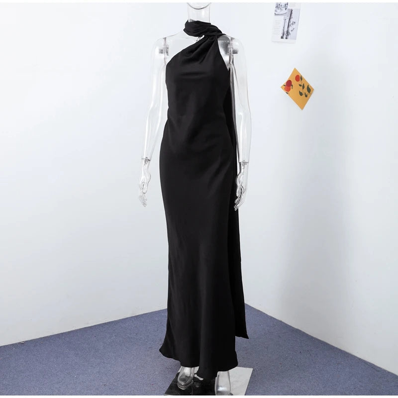Sexy Satin Ribbon Backless Halter Dress For Elegant Evening Gown