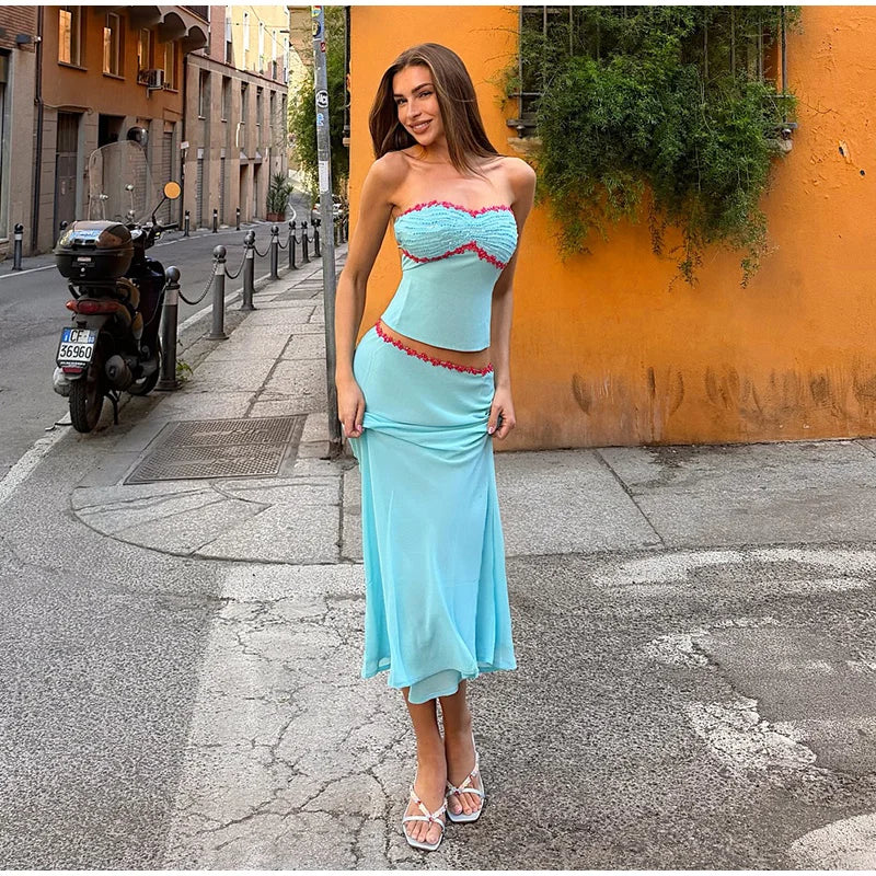 Delicate Lace Corset Cami And Midi Skirt Set Slim Fit Sleeveless Romantic Outfit