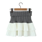 Knit Color Block Mini Skirt High Waisted Pleated