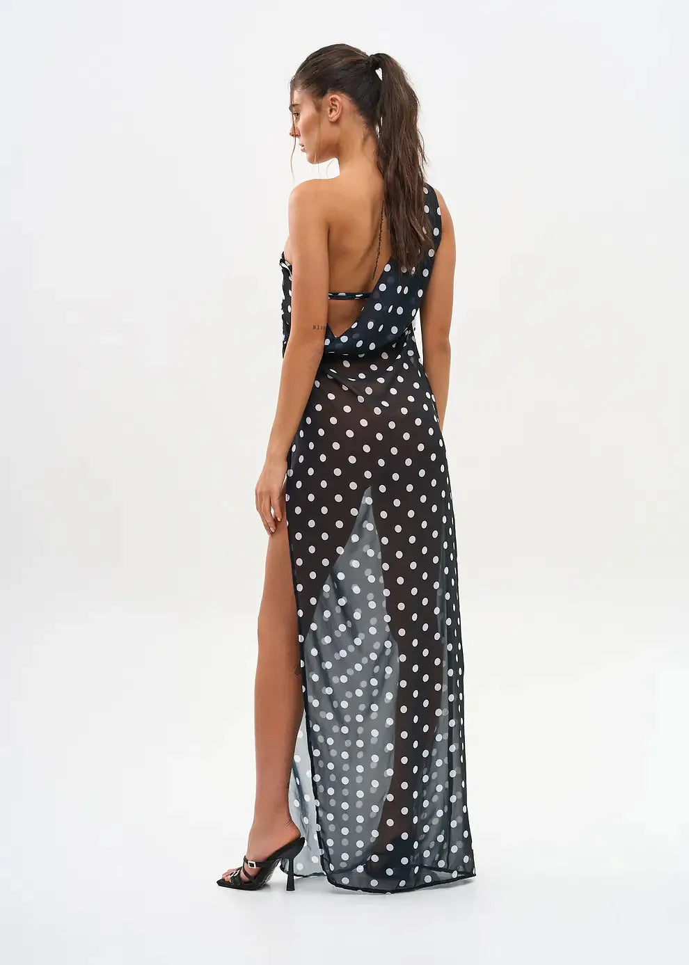 Cute Dot Design One Shoulder Bikini Set With Long Sleeve Backless Hollow Out Sheer Skirt
