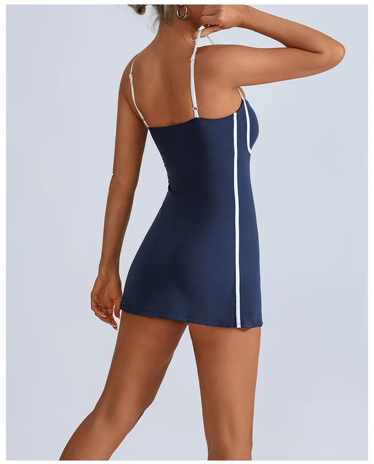 Women's Tennis Sleeveless Contrast Workout Yoga Build in Shorts Fashion Tight Fitting Skirts Suit