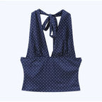 Polka Dot V Neck Halter Top Set With High Waist Ruffle Hem Mini Skirt
