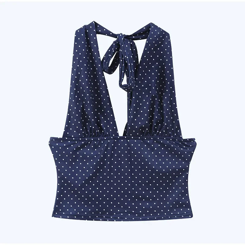 Polka Dot V Neck Halter Top Set With High Waist Ruffle Hem Mini Skirt
