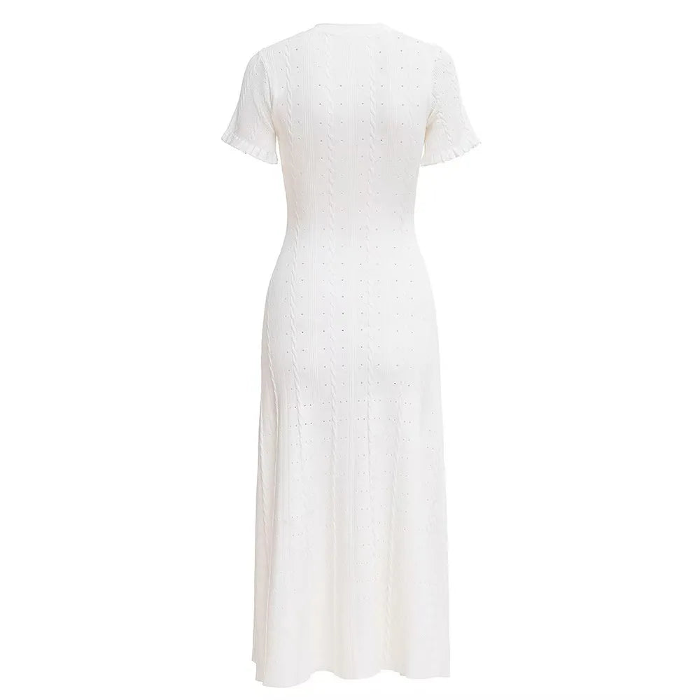 Knit Ribbed Bodycon Midi Dress With O Neck And Short Sleeves