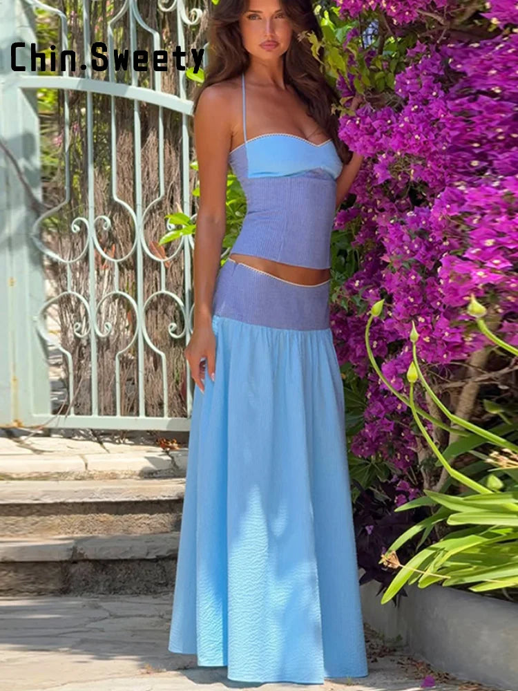 Hanging-Neck Top And A-Line Skirt Set Sleeveless Backless Bandage Style