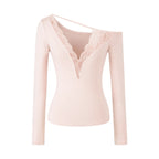 Lace Splice Long Sleeve Vneck Top For Night Out Chic