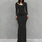 Long Sleeve Dress With Slim Silhouette And Flowing Maxi Skirt
