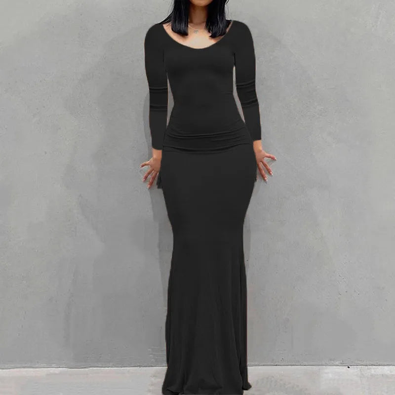 Long Sleeve Dress With Slim Silhouette And Flowing Maxi Skirt