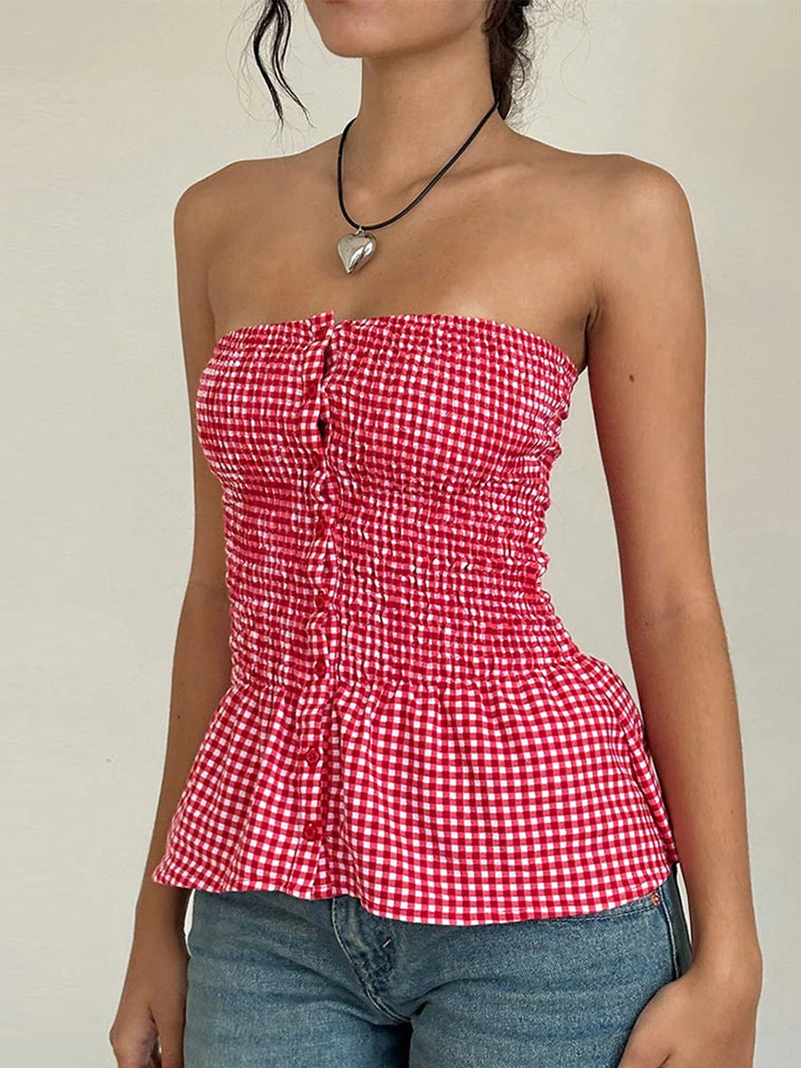 Retro Gingham Crop Top In Plaid Strapless Sleeveless Cami With Ruffle Hem