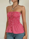 Retro Gingham Crop Top In Plaid Strapless Sleeveless Cami With Ruffle Hem
