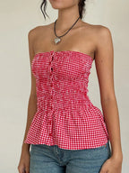 Retro Gingham Crop Top In Plaid Strapless Sleeveless Cami With Ruffle Hem