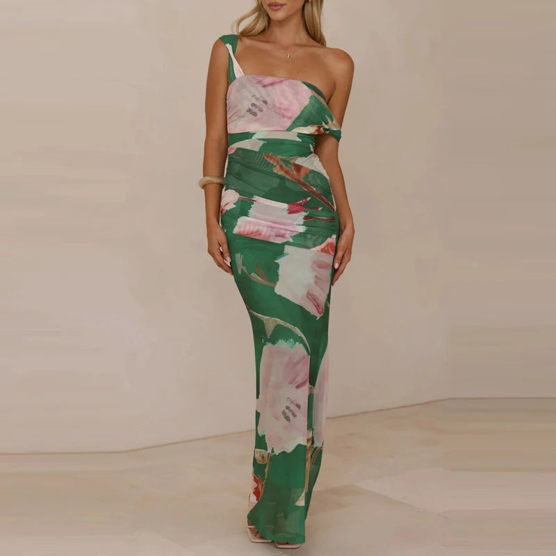 Elegant Floral Mesh Maxi Dress Sleeveless With Slash Collar