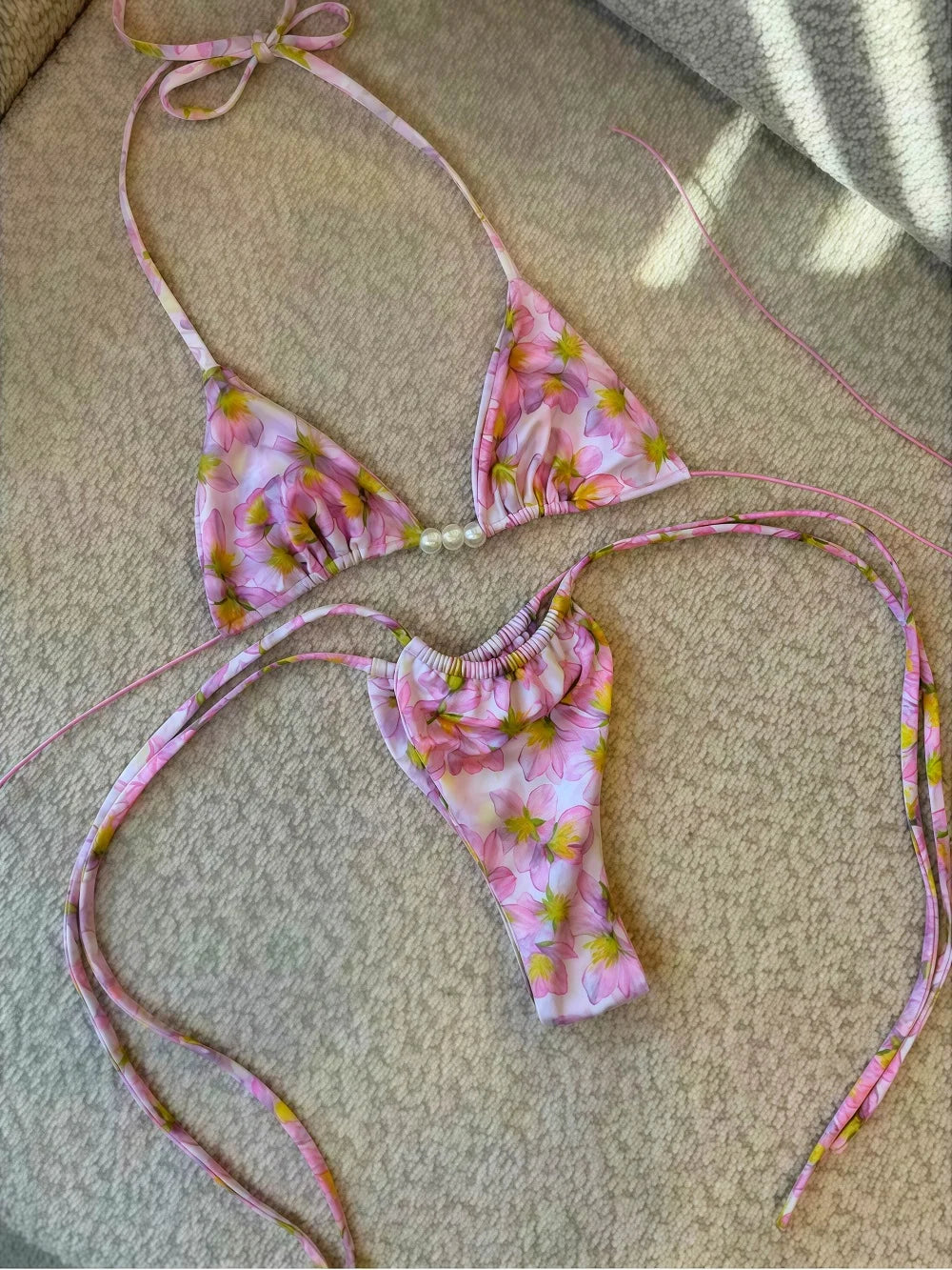 Pearl Accent Halter Bikini Set Luxury Brazilian Beachwear Push Up Swimsuit Print