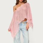 Crochet Cover Up With Tassel Hem Loose Fit Hollow Out See Through Off Shoulder Knit Top