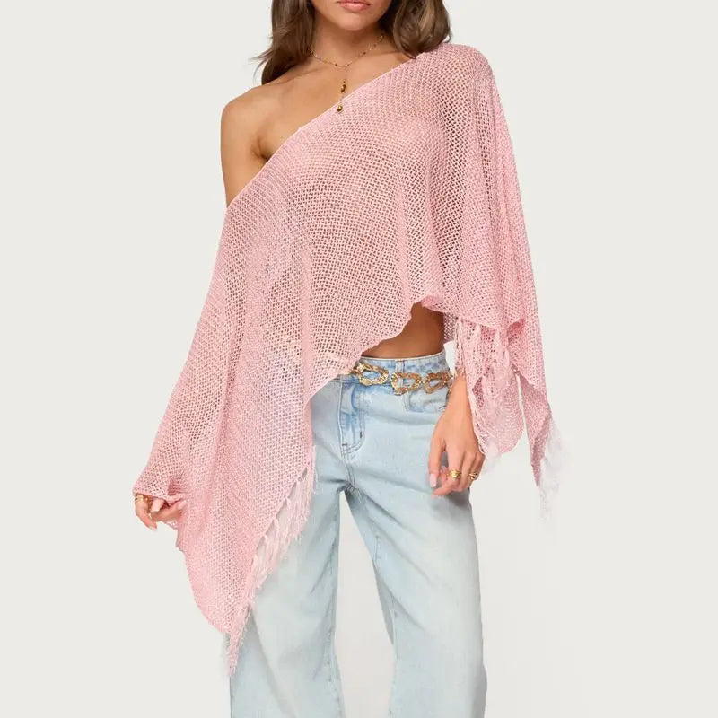 Crochet Cover Up With Tassel Hem Loose Fit Hollow Out See Through Off Shoulder Knit Top