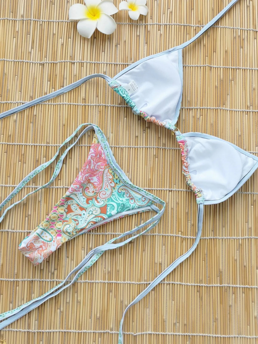 Retro Green Floral Bikini Set With Push Up Top And Cheeky Thong Bottom