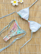 Retro Green Floral Bikini Set With Push Up Top And Cheeky Thong Bottom