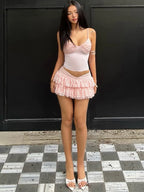 Retro Style Set For Summer Elegant Backless Camisole Top And Tiered Mini Skirt