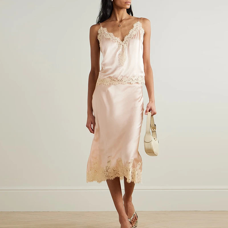 Lace Patchwork Two-piece Set With V-Neck Sling Top And Long Skirt