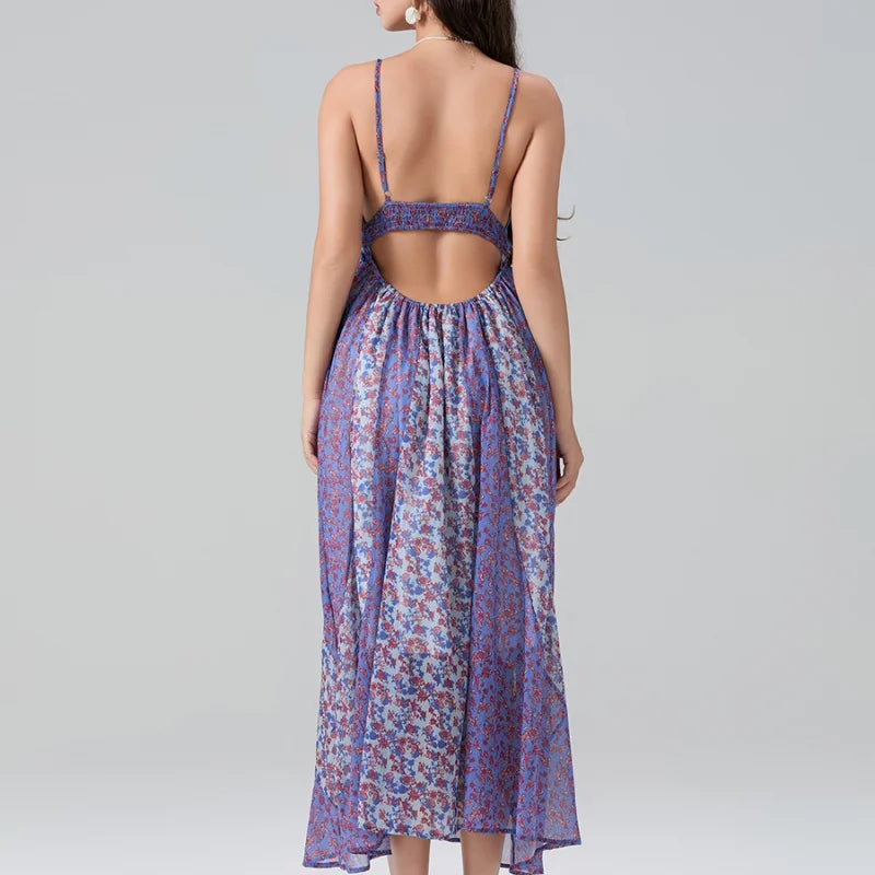 Women's Boho Chiffon Floral Print Long Strap Backless Maxi Dress