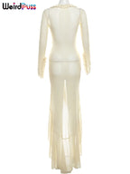 Elegant Sheer Lace Bodycon Dress With Hollow V-Neck Ruffles And Ruched Sides