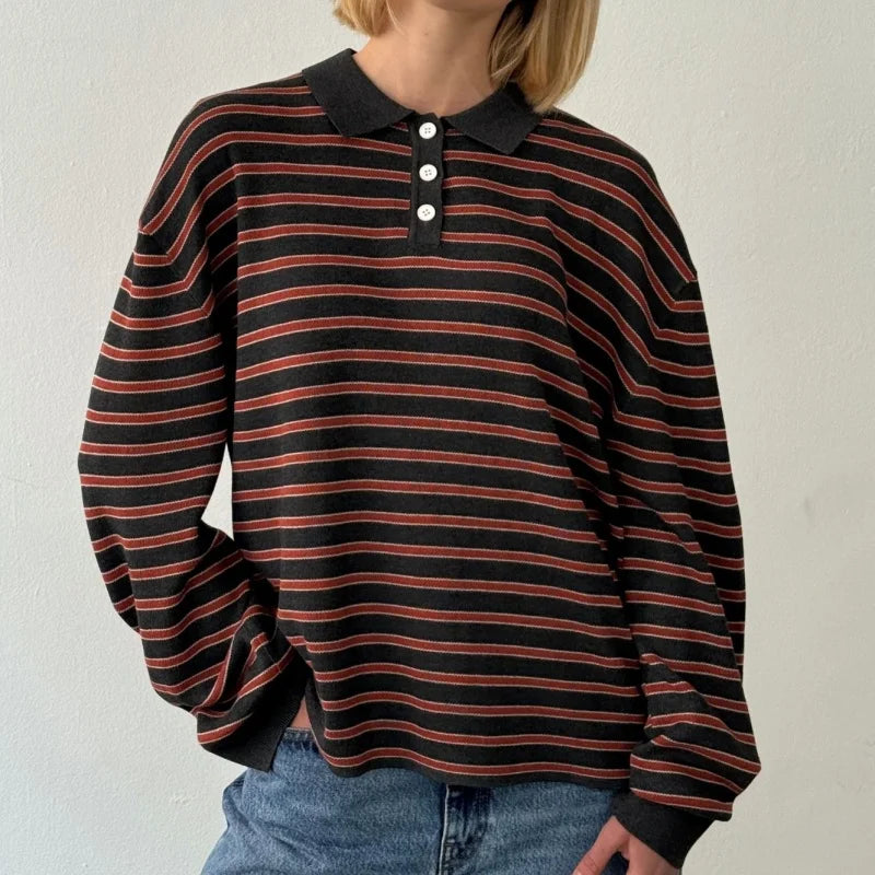 Vintage Rib Knitted Striped Collared Sweater Loose Long Sleeve Pullover Knit Top