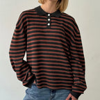 Vintage Rib Knitted Striped Collared Sweater Loose Long Sleeve Pullover Knit Top