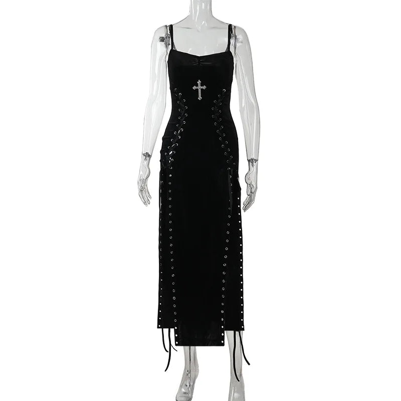 Velvet Gothic Gown With High Split Hem And Straps