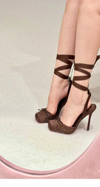 Glam Satin Ballet Heels With Thin Heel Square Toe Bow Tie Rhinestone Accents Peep Toe Sandals