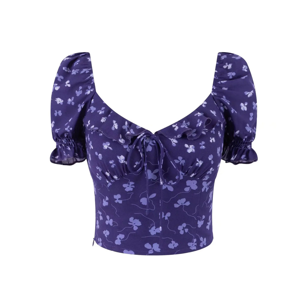 Purple Square Neckline Floral Print Blouse Flare Short Sleeve