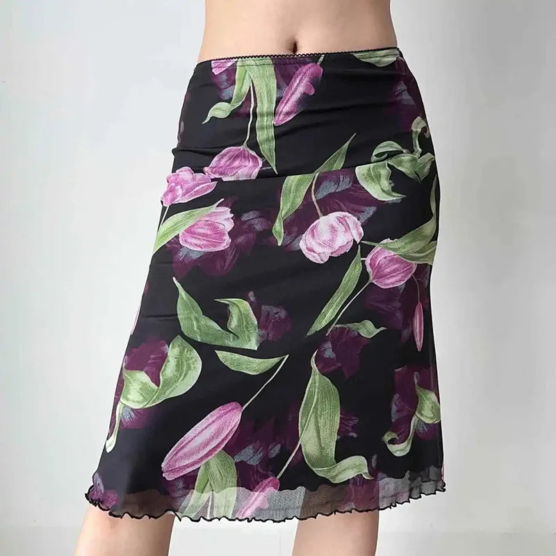 Vintage Floral Mesh High Waist Midi Mermaid Skirt