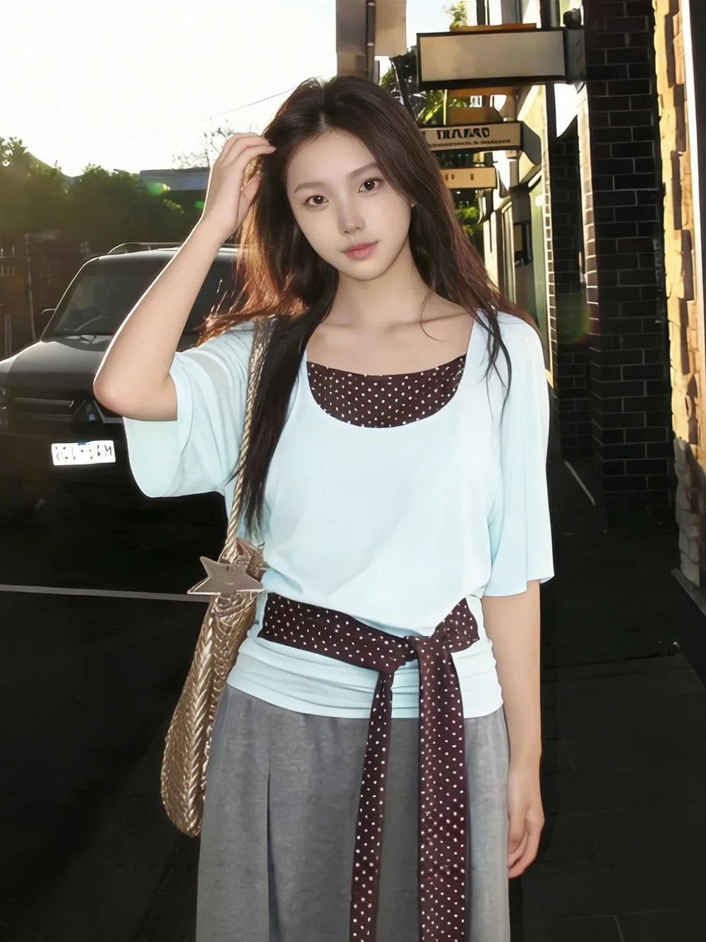 Mint Green Layered T Shirt With Polka Dot Overlay Three Quarter Sleeves