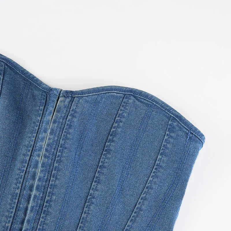 Off Shoulder Denim Corset Tank Top With Lace Up Back Hollow Detail Slim Bustier Camisole
