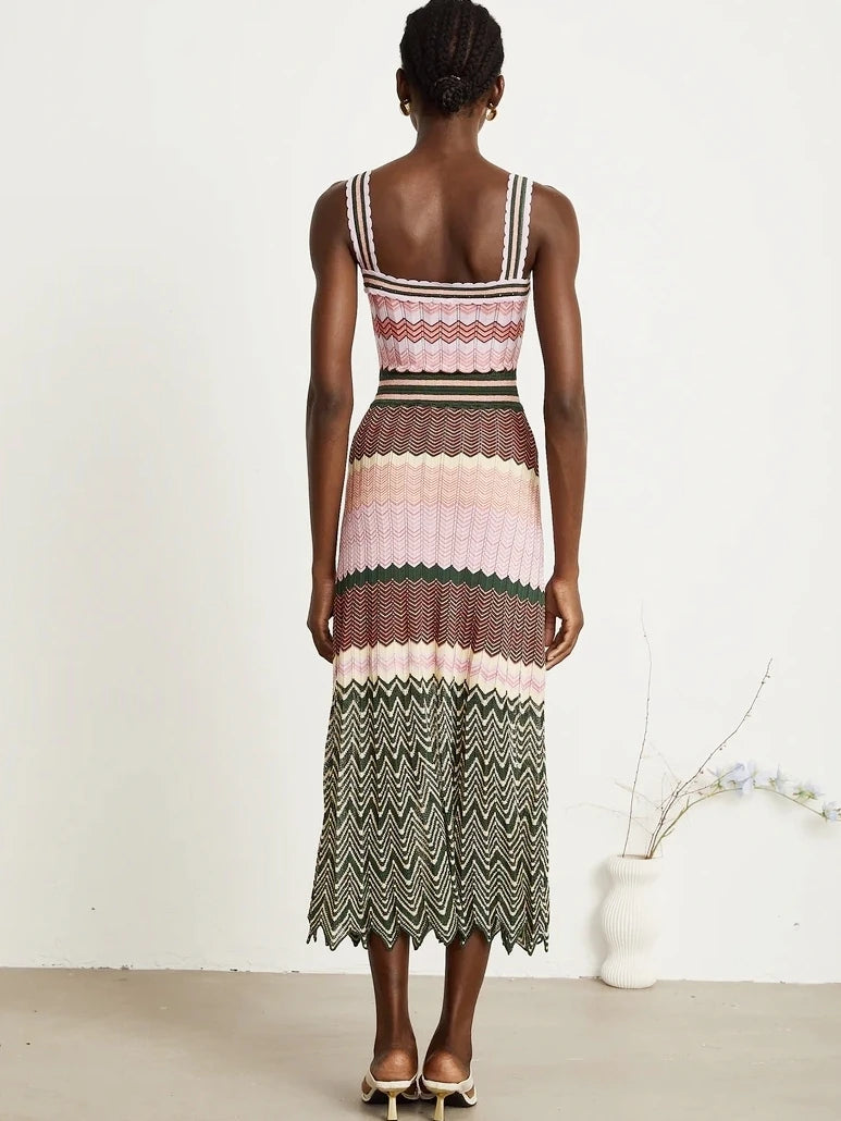 Boho Knitted Zigzag Maxi Dress For Women Sleeveless High Elasticity Long Festival Style