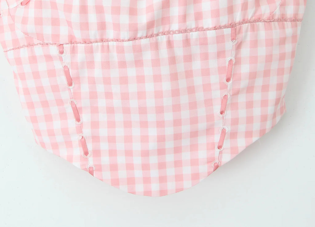 Pink Plaid Crop Top With Slash Collar