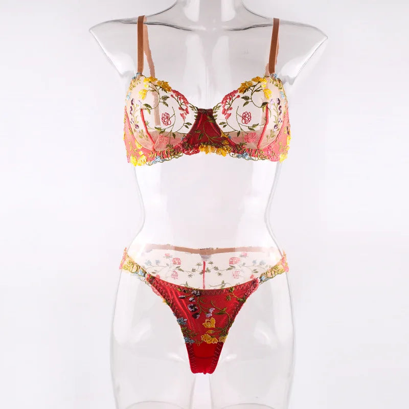 Countryside Embroidered Lingerie Set With Floral Patchwork Bra And Panty Details
