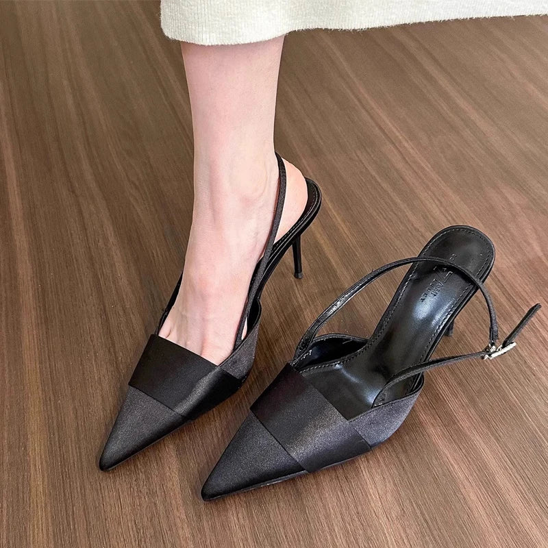 Soft Pink Silver Black Satin Slingback Pumps Point Toe And Ribbon Plait Design For Elegant Evening