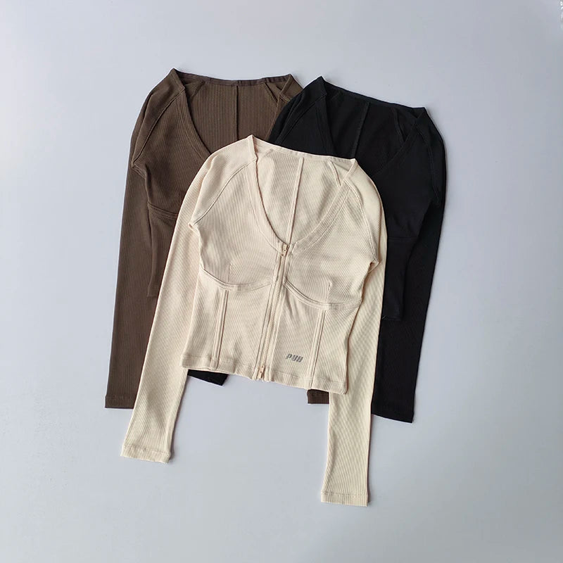 Flow Zip Front Top for Women with V Neck Long Sleeve