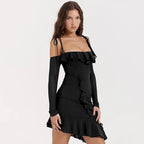 French Vintage Flounce Strap Dress with Irregular Bottom Hem Ribbon