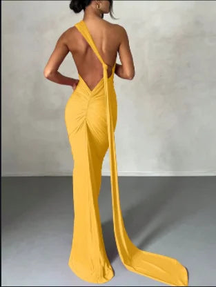 One Shoulder Backless Ruched Slim Long Dress