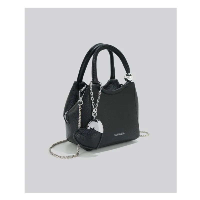 Romantic Litchi Grain Mini Shoulder Bag With Heart Pendant And Delicate Chain Strap
